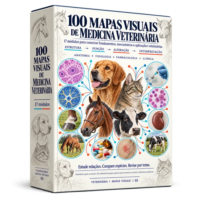 Produto digital 100 Mapas Visuais de Medicina Veterinária, incluído no Plano Básico.
