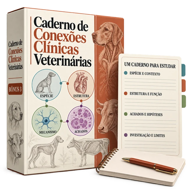 Caderno de Conexões Clínicas Veterinárias com cartão demonstrativo dos campos de estudo.