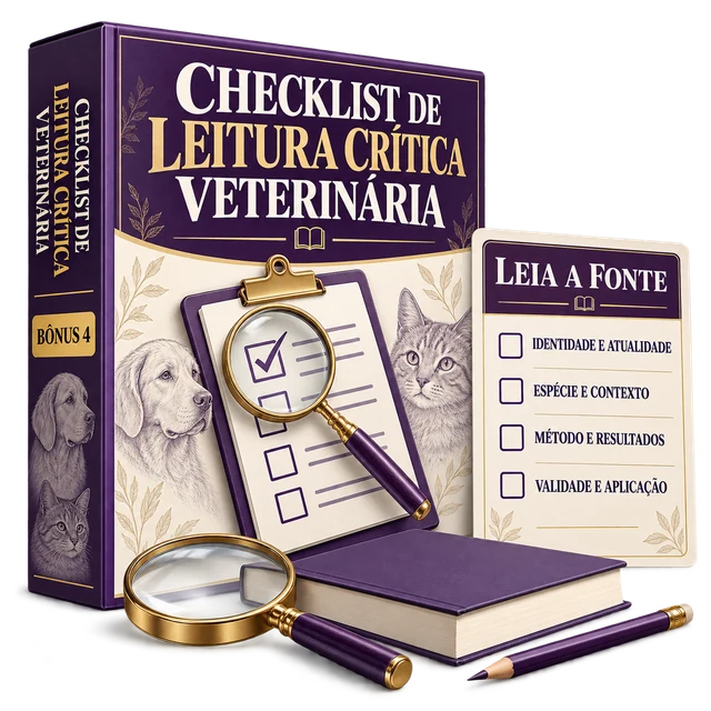 Checklist de Leitura Crítica Veterinária com cartão demonstrativo das perguntas de conferência.
