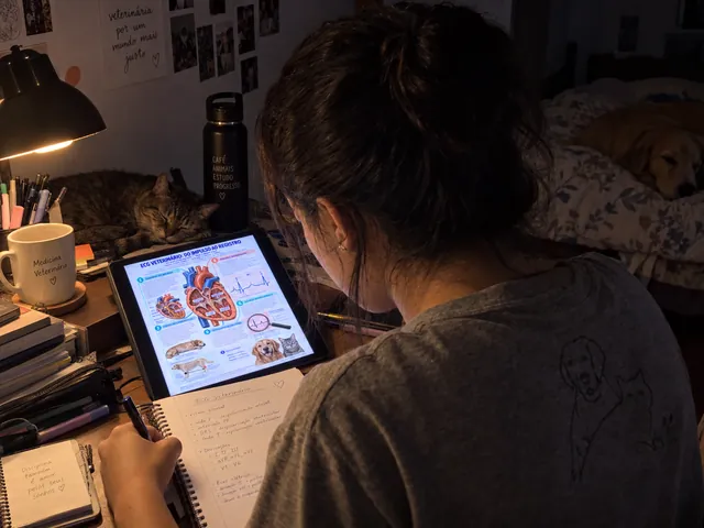 Estudante concentrada no estudo de ECG veterinário em um quarto escuro, sob luz amarela suave.