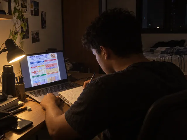 Estudante revisando néfron no laptop em seu quarto à noite, com luz amarela suave.