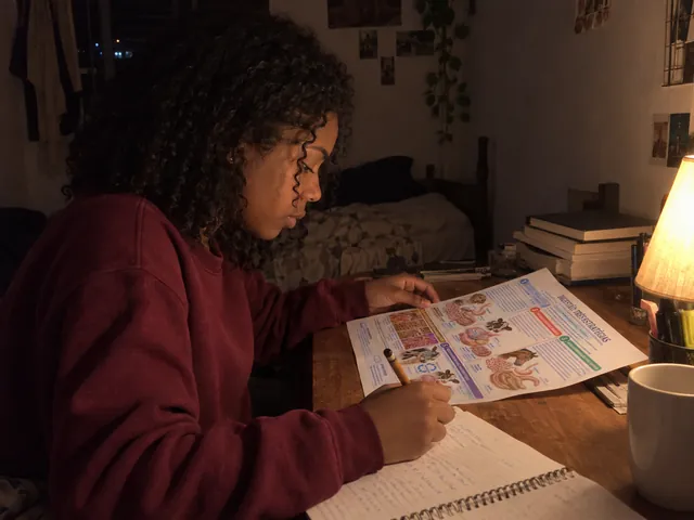 Estudante concentrada em uma página impressa de digestão comparada, orientada para ela.