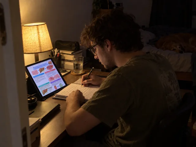 Estudante revisando farmacocinética no tablet em um quarto escuro, sob luz amarela suave.